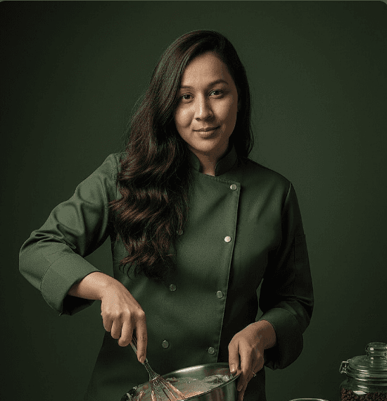 Krisllen, fundadora da Krisllen Patrisserie, batendo massa de dólmã verde